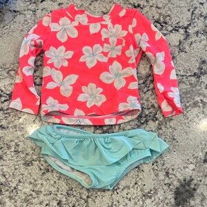 Carter's Pink Floral Long-Sleeve Rashguard with Aqua Ruffle Swim Bottoms